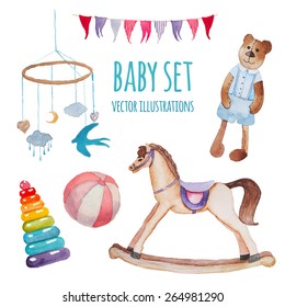 Watercolor toys set. Hand drawn rocking horse, teddy bear, ball, mobile, pyramid and garland. Vintage baby objects set in vector.