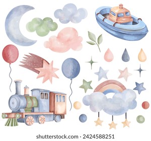 Juguetes de acuarela tren, barco. Conjunto de elementos de vivero dibujado a mano vector, nubes, luna, arco iris, estrellas