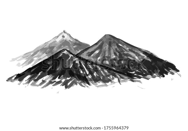 白い水平の背景に白黒の3つの山の水彩画 山脈 丘 の手描きのベクトルイラスト のベクター画像素材 ロイヤリティフリー