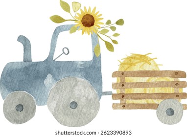 Watercolor Tractor Farm Composition – Rustic Countryside Scene. Perfect for invitation, poster and wall decoration. 