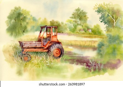 Watercolor tractor Machine in yard. Equipment in the village. Vector illustration.