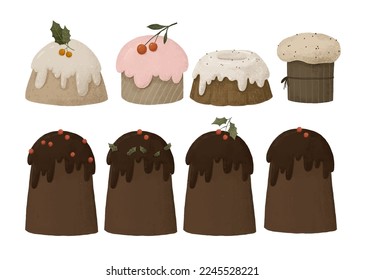 Watercolor Traditional christmas cake with red berries. Illustration isolated on white background. Christmas fruit cake, pudding