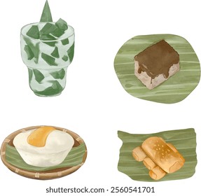 Watercolor traditional filipino dessert illustration of buko pandan, biko, puto, turon