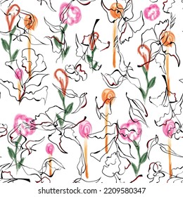 watercolor traditional flower seamless pattern on white background