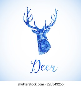 Watercolor traditional russian ornament, deer  head silhouette