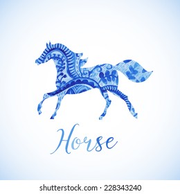 Watercolor traditional russian ornament, horse silhouette. Vector - Running Horse Silhouette