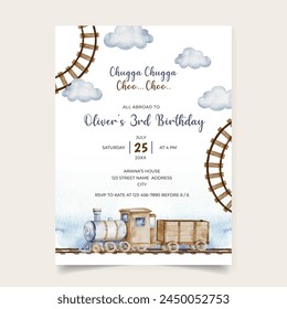 Watercolor Train Birthday Invitation Card, Boys Birthday Invitation Card Template