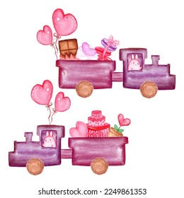 watercolor of train with valentine stuff