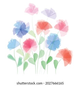 Watercolor transparent flowers isolated on a white background. Delicate petals of cornflowers, poppies and meadow cornflowers with leaves. Botanical vector drawing. Aquarelle painting of a wild flower