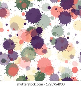 Watercolor transparent stains vector seamless wallpaper pattern. Modern ink splatter, spray blots, dirty spot elements seamless. Watercolor paint splashes pattern, smear fluid splats.