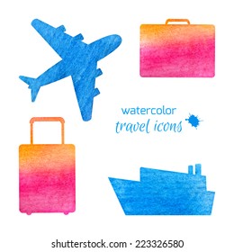 Watercolor Travel Icons Set Isolated On White