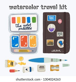 Watercolor travel kit. Flat style art suppliers icons to create in the trip, travel, journey.  Paints in tubes, water brush, eraser, short pencil, sharpener, watercolor palette in tin box, sketchbook