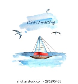 Watercolor travel, tourist card, brochure with sea, seagulls and ship