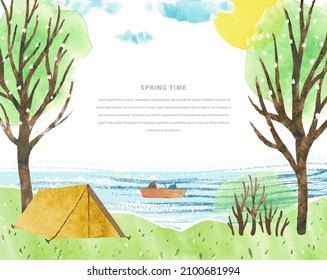 Watercolor travel vector template with tent, fishermen, river and sun. Template frame for invitation, poster, flyer, banner, card. Place for message. All elements, textures are individual objects