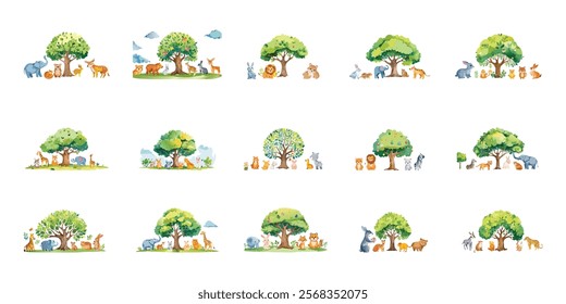 Watercolor Tree With Animal. Hand painted green leaves, spring wildflowers, biutterflies isolated on white background. Iillustration for design, print, background