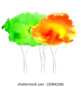 Watercolor tree. Autumn. Vector.  Blobs, stain, paints blot.