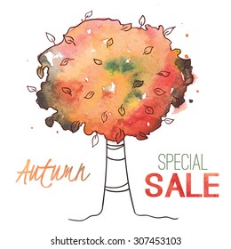 Watercolor tree for banner, label, shop tag, seasonal discount, autumn sale, offer, poster, web Vector illustration eps 10