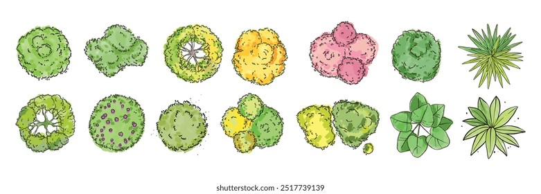 Watercolor tree icon set, yellow hand drawn bush top view, vector green architecture map design kit. Garden park abstract sign, nature environment plan landscape layout object. Flat tree top crown art