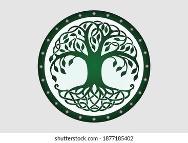 Watercolor Tree of Life Symbol. Vector illustration of green Tree of life isolated on gray background