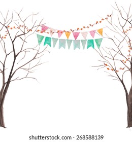 Watercolor Tree Party Card. Tree Without Leaves Silhouettes With Light And Flags Garlands. Rustic Vector Background