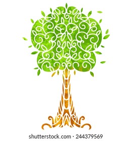 Watercolor tree with pattern closeup isolated on white background