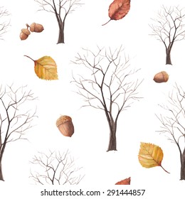 Patrón de árbol acuarela. Textura a mano sin fisuras con siluetas de árbol, hojas de amarillo otoñal y bellota sobre fondo blanco. papel mural vectorial estacional