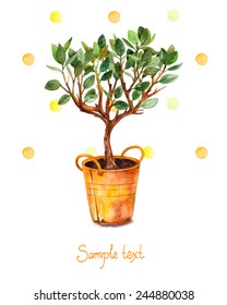 Watercolor tree in pot with  splashes. Vector illustration. Spring time. Beautiful card painted of plant in yellow pot.