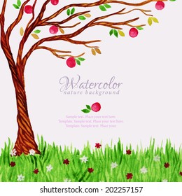 Watercolor tree with red apples and grass with flowers