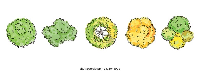 Watercolor tree top view icon set, vector hand drawn green yellow bush, architecture map design kit. Garden park abstract sign, nature environment plan landscape layout object. Flat tree top crown art