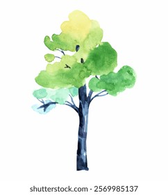 A watercolor tree with a yellow green crown
