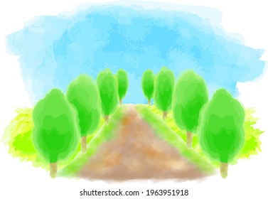 watercolor tree-lined road vector illustration (layered)