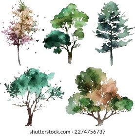 Watercolor trees collection. Set of Vector trees. Forest tree pack