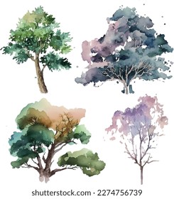 Watercolor trees collection. Set of Vector trees. Forest tree pack