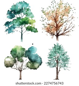 Watercolor trees collection. Set of Vector trees. Forest tree pack