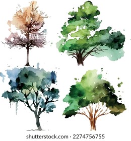 Watercolor trees collection. Set of Vector trees. Forest tree pack