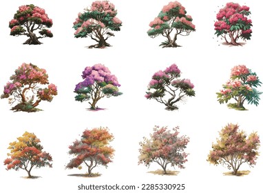 Watercolor trees in front view