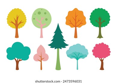 
Conjunto de árboles de acuarela, ilustración plana mínima sobre fondo blanco.