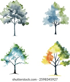 Watercolor Trees Vector Set, Isolated on White Background
