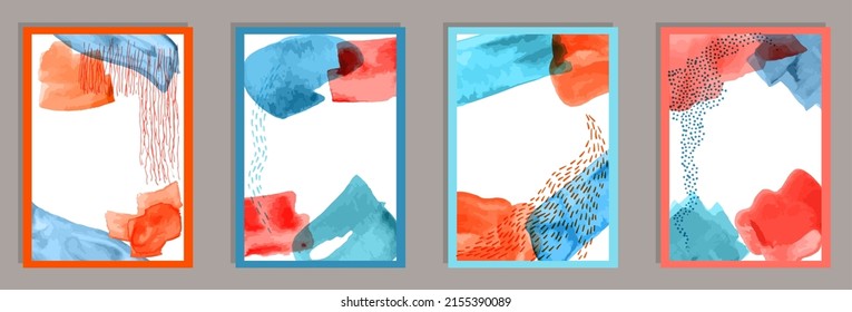 Aquarellfarbene, trendige Decken, Vektorgrafik. Aquarellbläser sammeln sich. Chinesisches Design. Coole Designvorlagen für das Zuhause. Pinselstriche.
