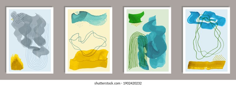 Watercolor trendy postcards vector set. Watercolor spots patterns. Chinese style frames. Youth house decor layouts. Doodle elements.