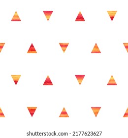 Watercolor Triangles Seamless Repeat Regular Pattern. Geometrical Pink, Orange, Yellow Vector Hand Drawn Background. Tiny Textured Colorful Triangle Geometric Shapes With Watercolour Stains.