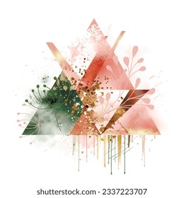 Watercolor triangles splash splatter spot stain brush strokes floral pattern on white background. Aquarelle geometric isolated ornaments on white background. Element. Vector watercolor illustration.