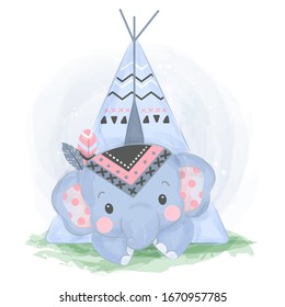 watercolor tribal elephant illustration, animal clipart for scrapbooking and decoration.