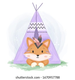 watercolor tribal fox illustration, animal clipart for scrapbooking and decoration.