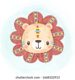 watercolor tribal lion illustration, animal clipart for scrapbooking and decoration.