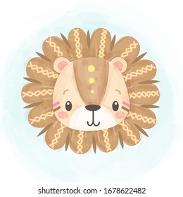 watercolor tribal lion illustration, animal clipart for scrapbooking and decoration.