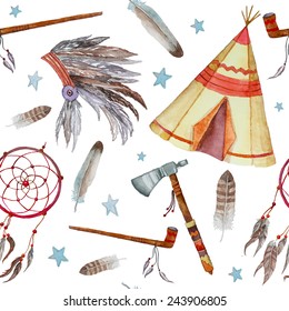 Watercolor tribal seamless pattern. Background with vintage hand drawn design elements: tepee, peace pipe, Indian hat, dreamcatcher, axe, feathers and stars. Vector illustration