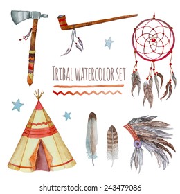 Watercolor tribal set. Collection of vintage hand drawn design elements: tepee, peace pipe, Indian hat, dreamcatcher, axe, feathers and stars. Vector illustration