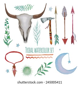 Watercolor tribal set. Collection of vintage hand drawn design elements: tepee, axe, feathers necklace, herbs, plants, indian arrows and buffalo scull. Vector illustration
