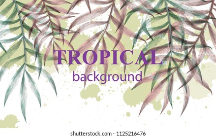 Watercolor tropic palm leaves Vector. Summer extotic background